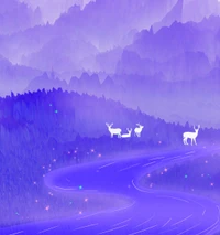 Paysage montagneux fantaisiste avec des cerfs dans des teintes bleu électrique et lavande