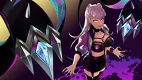 Evelynn aus K/DA All Out in einer auffälligen Pose, die ihren mutigen Stil und lebendige Farben vor einem dynamischen Hintergrund zeigt.