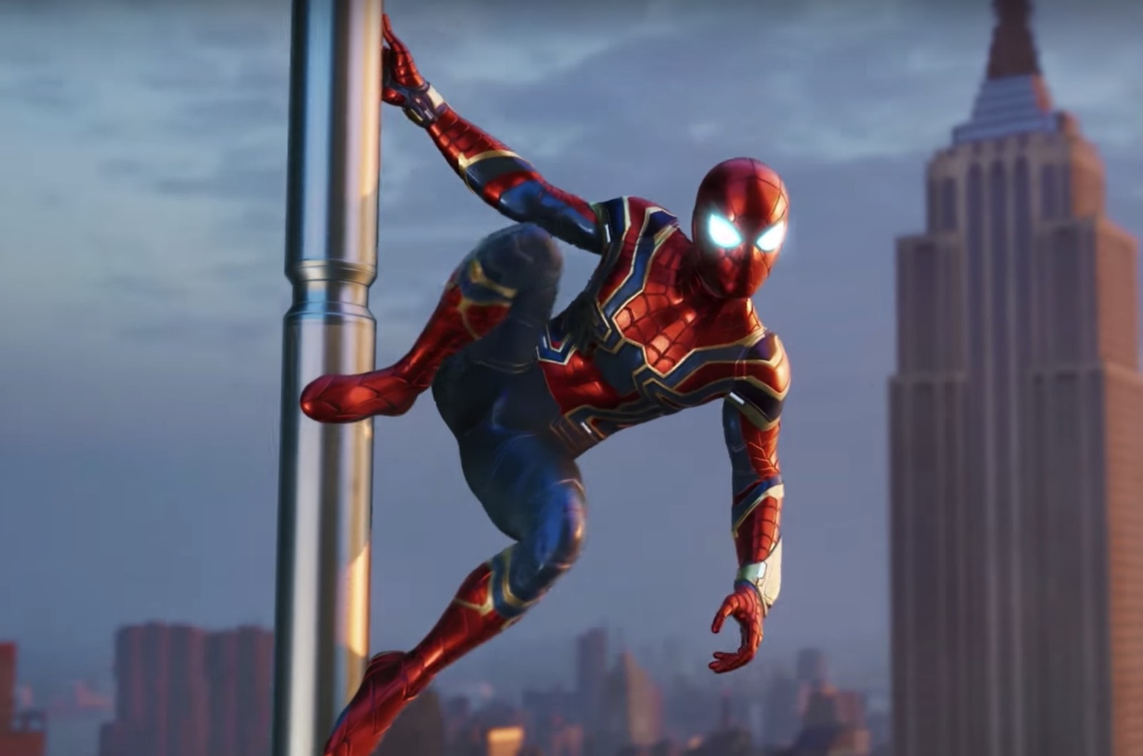 Spider-man saute haut dans les airs devant une ligne d'horizon de la ville (spider man, super héros, univers marvel, marvel universe, personnage fictif)