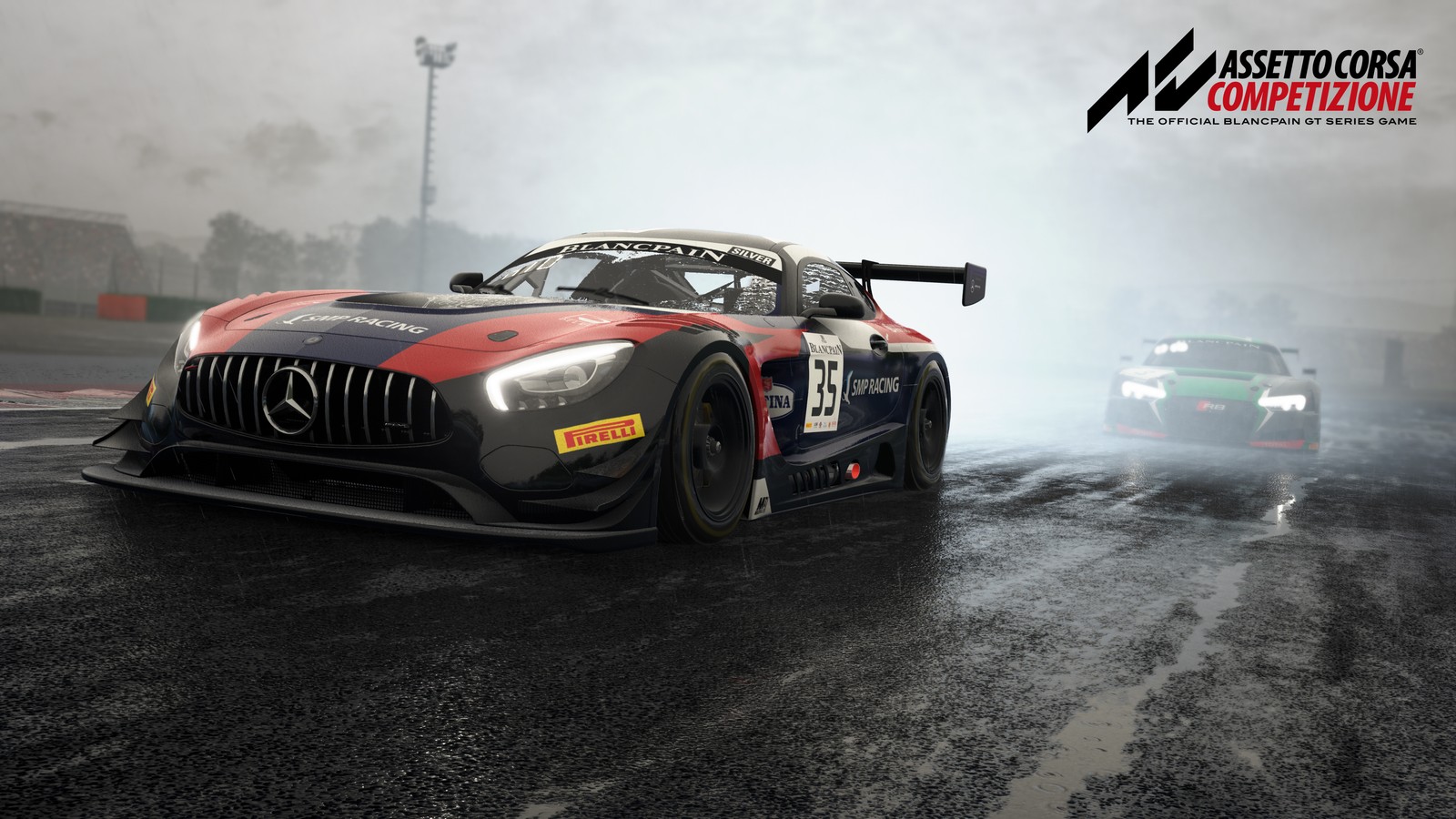 Um carro de corrida vermelho e preto dirigindo em uma estrada molhada (mercedes amg gt3, assetto corsa competizione, jogos, papel de parede 4k)