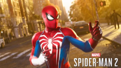 Homem-Aranha no traje avançado de Marvel's Spider-Man 2, ambientado em uma paisagem urbana vibrante.