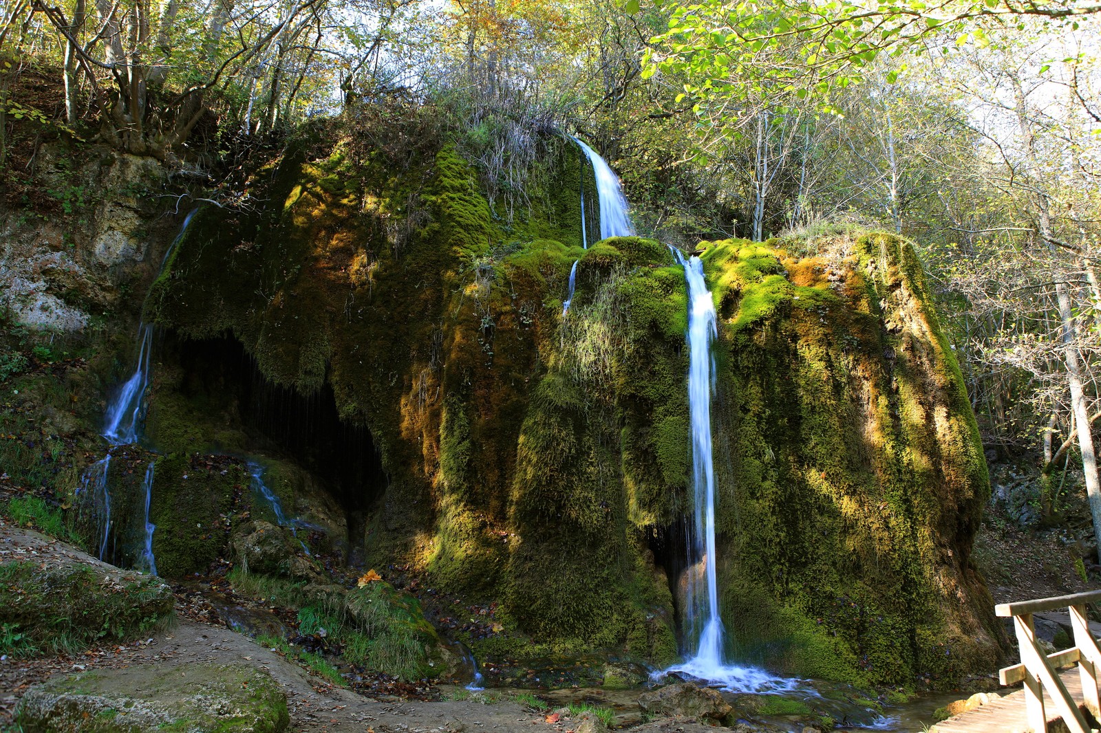 Um close-up de uma cachoeira em uma floresta com uma cerca de madeira (cachoeira, natureza, corpo de água, reserva natural, água)