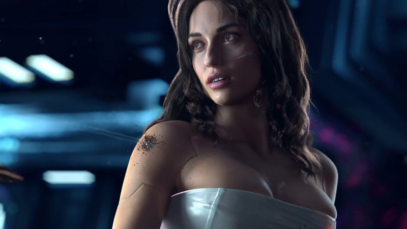 Женщина в белом платье держит нож в темной комнате (cyberpunk 2077, видеоигра, девочки)