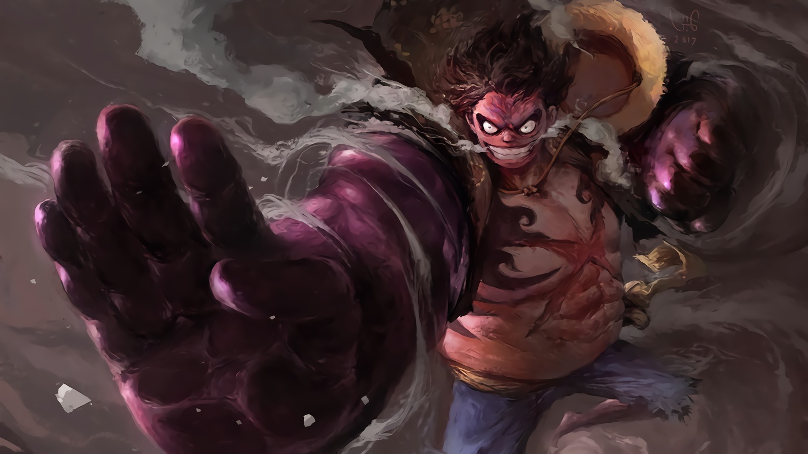 Anime-charakter mit einer riesigen hand in der luft (monkey d luffy, boundman, gear fourth, one piece, anime)