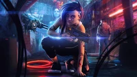 Judy Alvarez em um mundo cyberpunk iluminado por néon