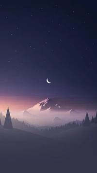 Crescent Moon Over Majestic Mountains at Dusk