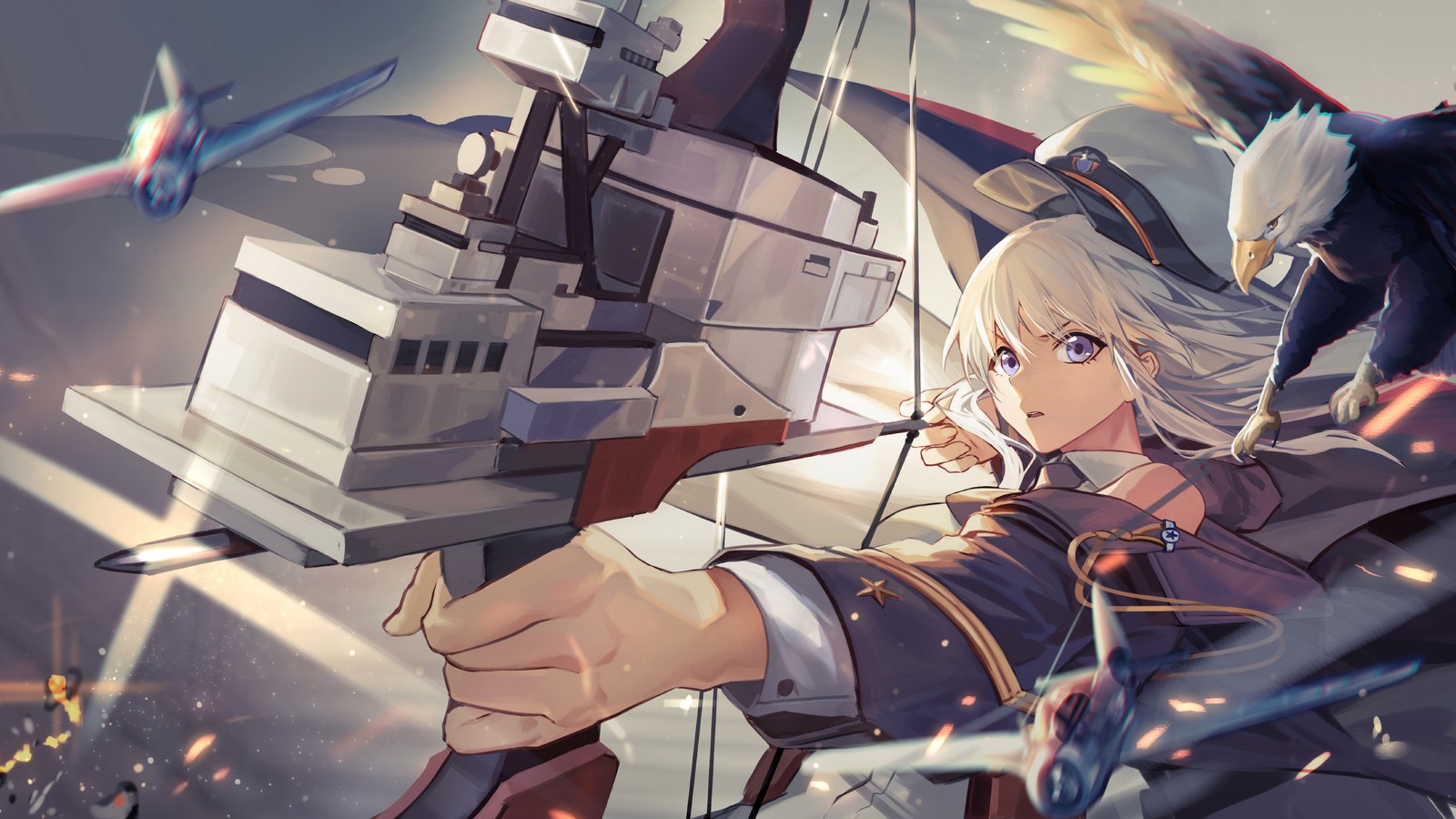 A woman with a bow and a bird on her shoulder (anime girls, azur lane, video game, enterprise, anime)