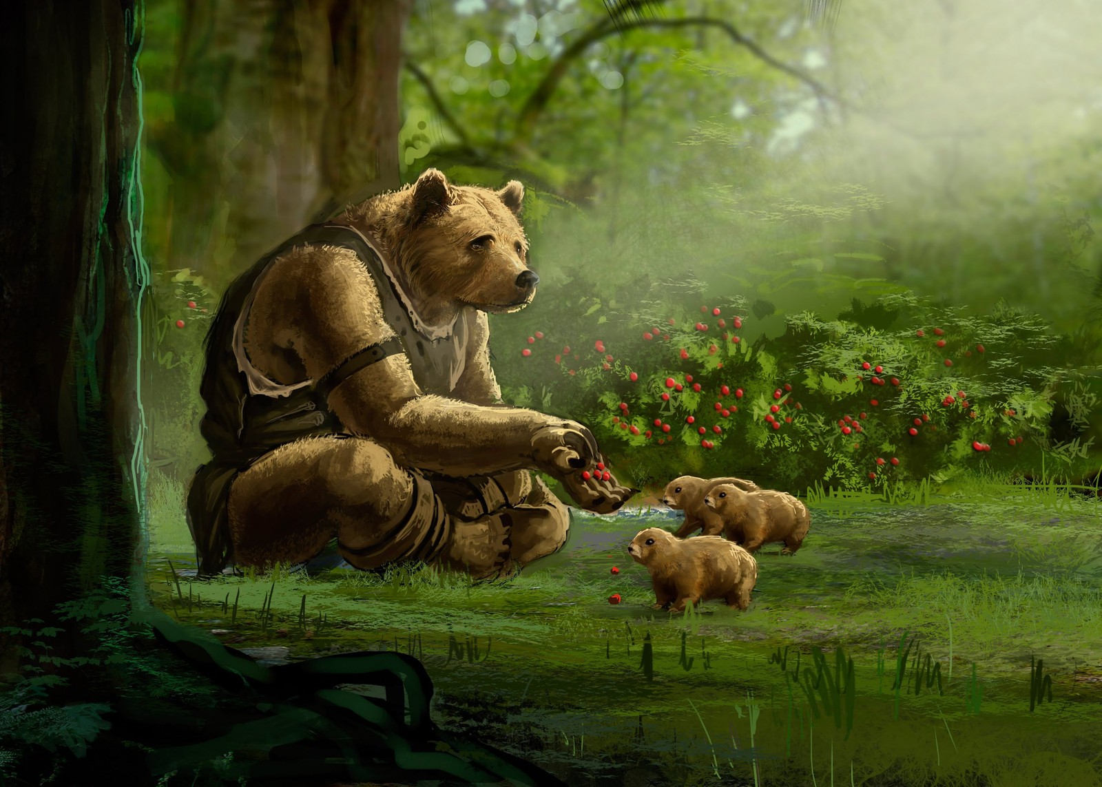 Há um urso de joelhos com alguns pequenos ursos (urso pardo, animal terrestre, arte, fauna, selva)