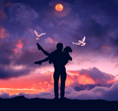 Silueta romántica de una pareja abrazada bajo un atardecer surrealista con palomas blancas