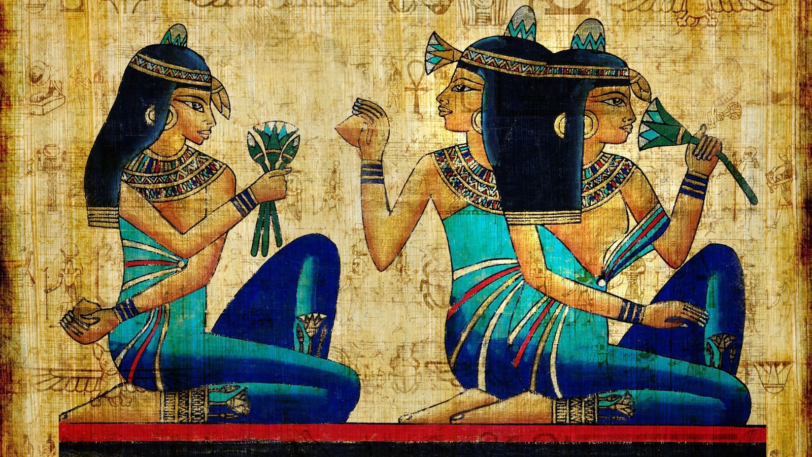 Deux femmes égyptiennes assises sur un banc avec un oiseau dans la main (égypte ancienne, peinture, égypte, pharaon, murale)