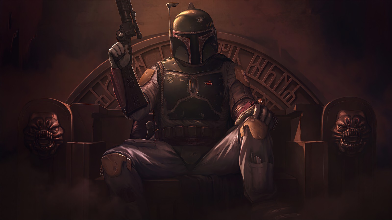 Мужчина в шлеме сидит на стуле с оружием (книга бобы фетта, the book of boba fett, дисней, disney, сериал)