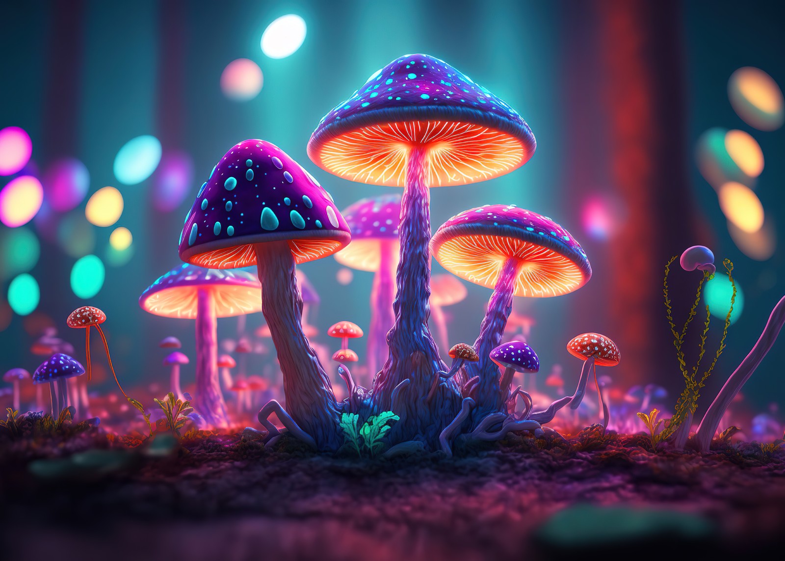 Close de um grupo de cogumelos em uma floresta (cogumelos, colorido, arte de ia, ai art, fantasia)