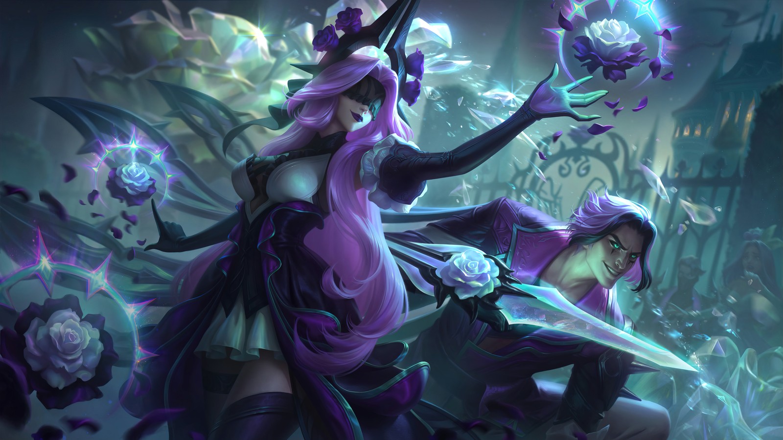 Uma mulher em um traje roxo segurando uma espada e uma flor roxa (rosa murcha, syndra, garra, arte visual, league of legends)