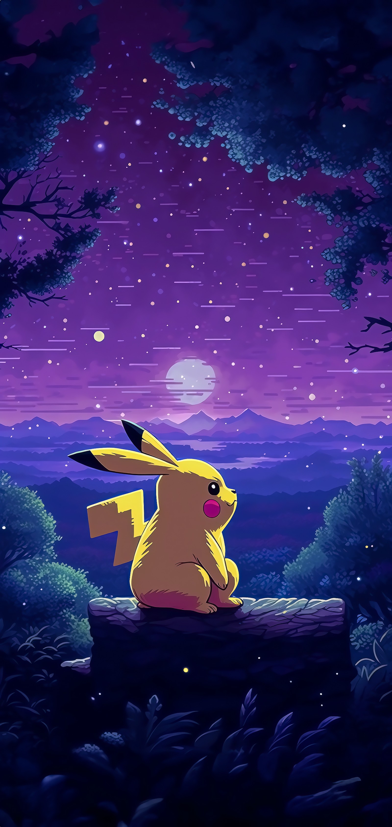 Pokemon pikachu sentado em uma pedra no escuro (pikachu, atmosfera, roxo, natureza, desenho animado)