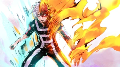 Shoto Todoroki libère ses pouvoirs doubles de feu et de glace dans une pose d'action dynamique de My Hero Academia.