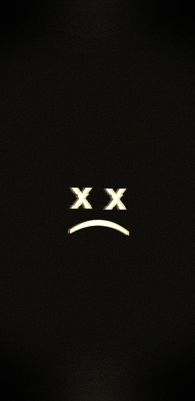 A minimalist representation of sadness featuring a distressed face with crossed eyes and a frown against a dark background.