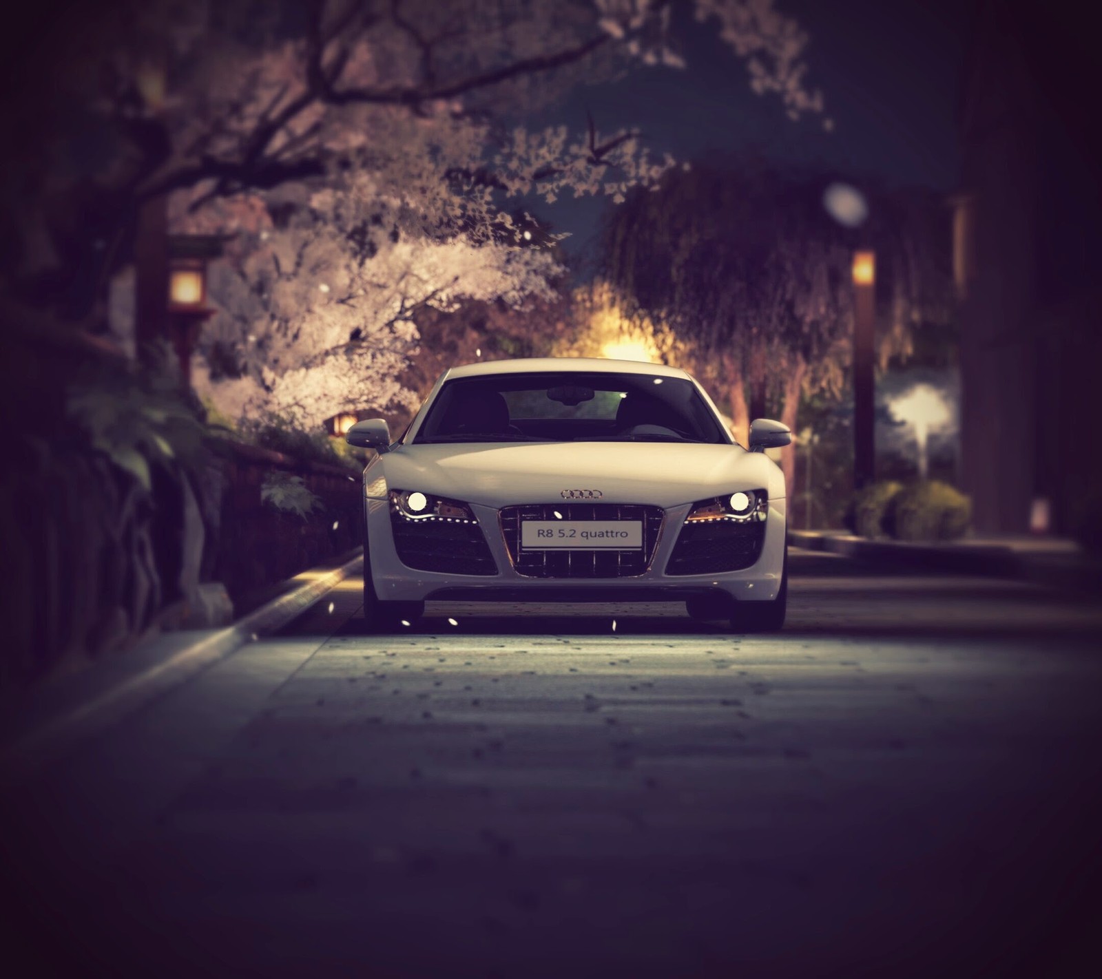 Une voiture blanche garée dans la rue la nuit avec des fleurs de cerisier (audi, voiture)