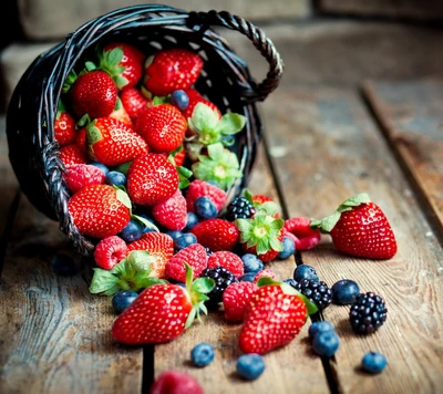 Fresh Berries and Strawberries Spilling from a Basket