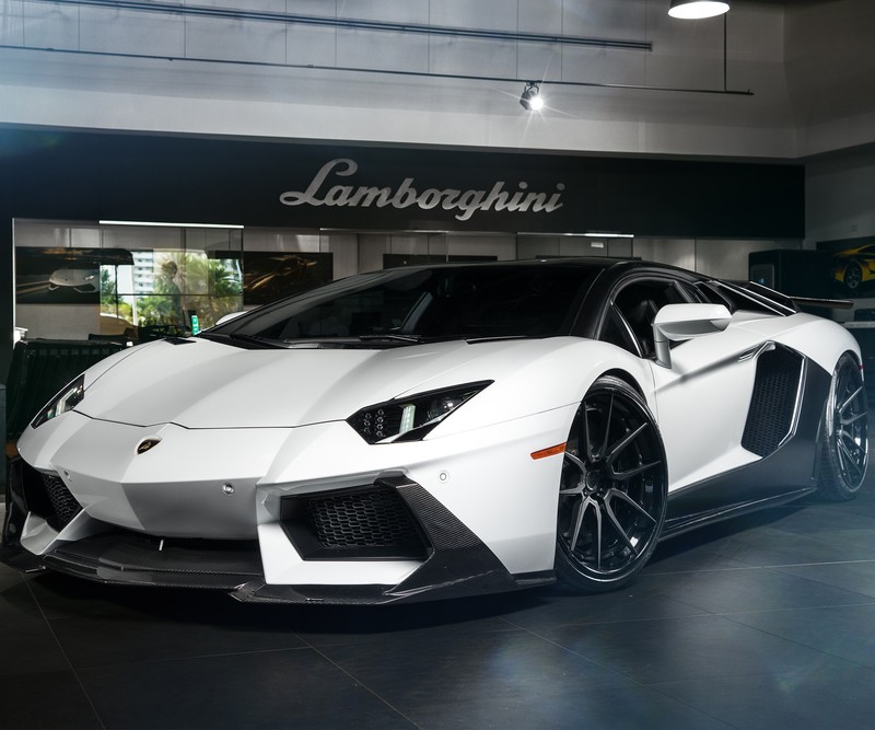 Близкий план белого ламборгини в шоуруме (авто, машины, lamborghini aventador, транспортные средства)