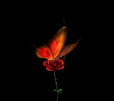 Mariposa vibrante en una rosa roja