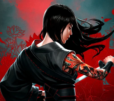 Vengeful Warrior with Katana Amidst Blood-Red Blooms