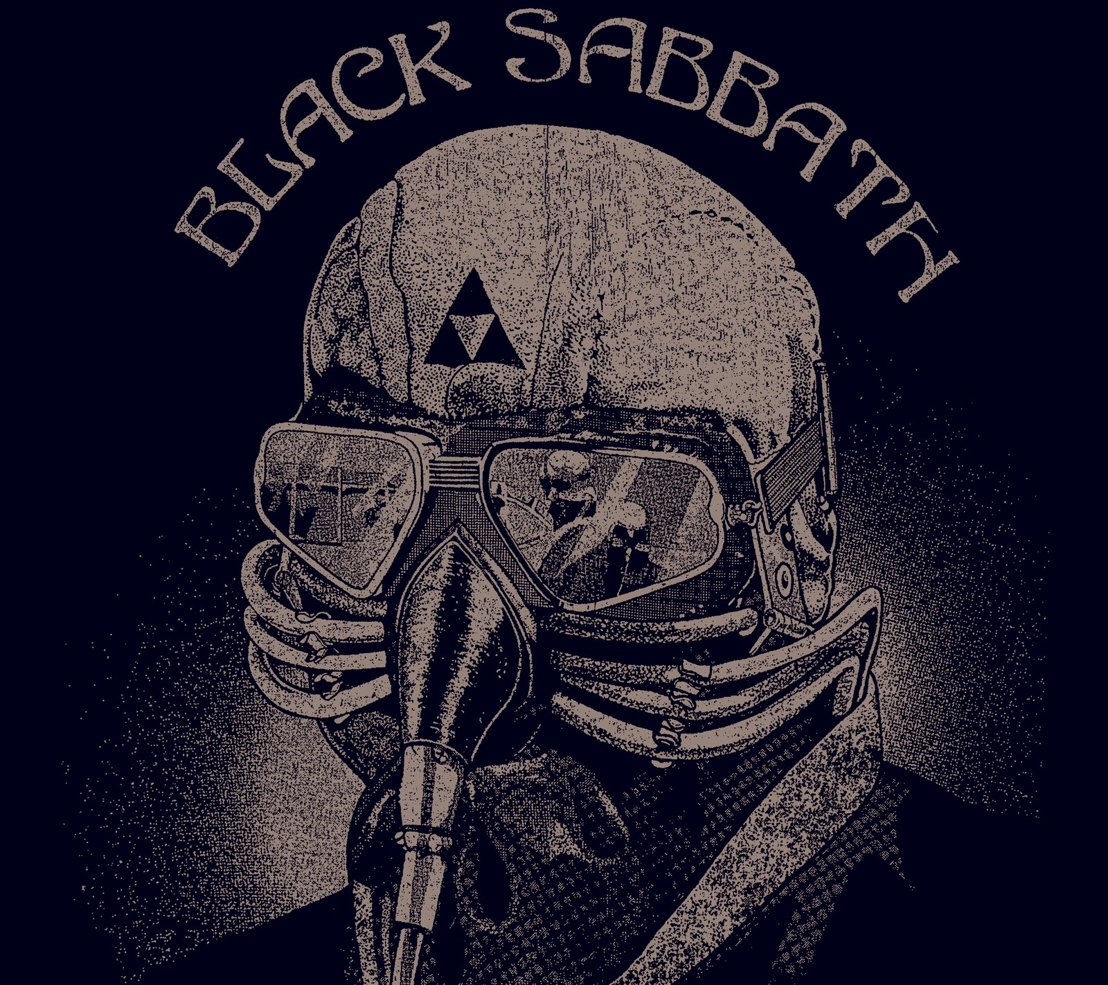 Una imagen árabe de un hombre con una máscara de gas y gafas (black sabbath, metal)