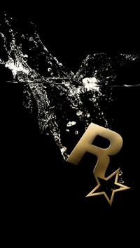 Gold letter "R" and star symbol emerging from dark waters with splashes.