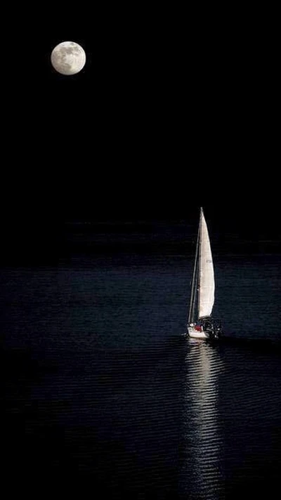 Navire solitaire sous la mer éclairée par la lune