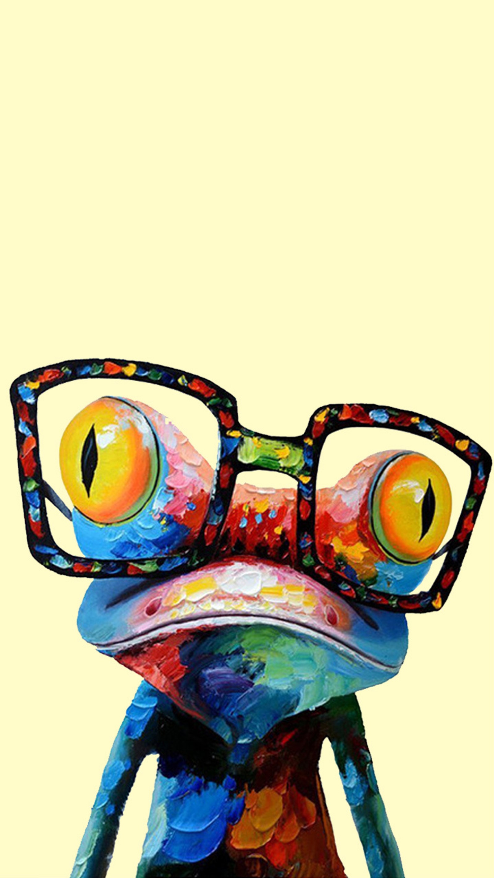 Sapo colorido com óculos na cabeça e fundo amarelo (abstrato, animal)