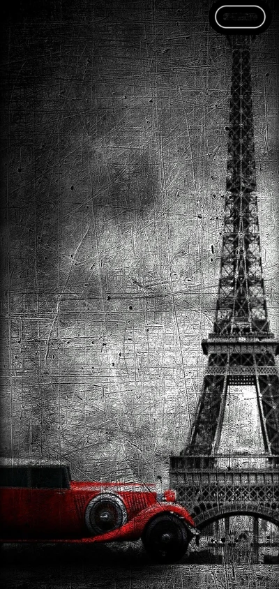 Vintage rotes Auto vor dem Eiffelturm in Paris