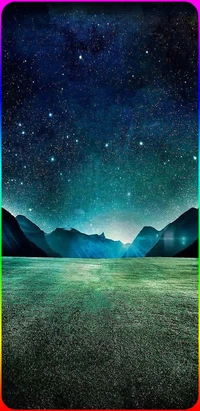 Starlit Landscape with Rainbow Border Against Dark Sky