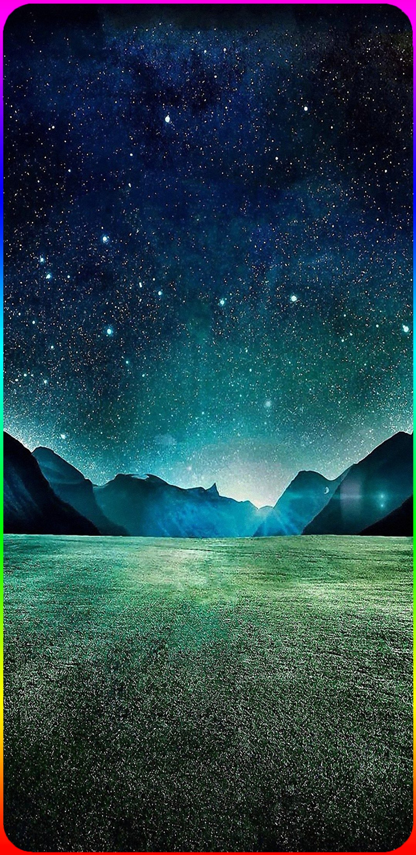 Starry night sky over a green field with mountains and a rainbow border (border line, border lined, dark light background, night, rainbow)