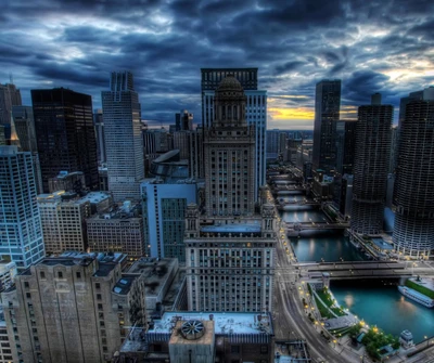 Abstract Urban Landscape: Blue Skies, River, and City Buildings Under Dramatic Clouds