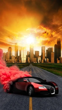 Dynamic Drift: A Red and Black Sports Car Surrounded by a Vibrant Sunset Skyline