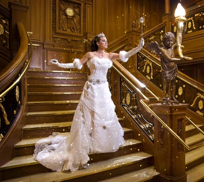 Elegante Prinzessin in einem funkelnden weißen Kleid mit Handschuhen, die an der majestätischen Treppe der Titanic anmutig posiert, umgeben von funkelnden Lichtern und opulenter Dekoration.