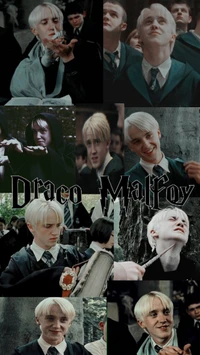 Collage von Draco Malfoy in verschiedenen Szenen aus Harry Potter, das seine Slytherin-Persönlichkeit und ikonischen Momente zeigt.