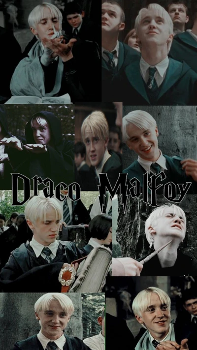 Collage of Draco Malfoy in various scenes from Harry Potter, showcasing his Slytherin persona and iconic moments.