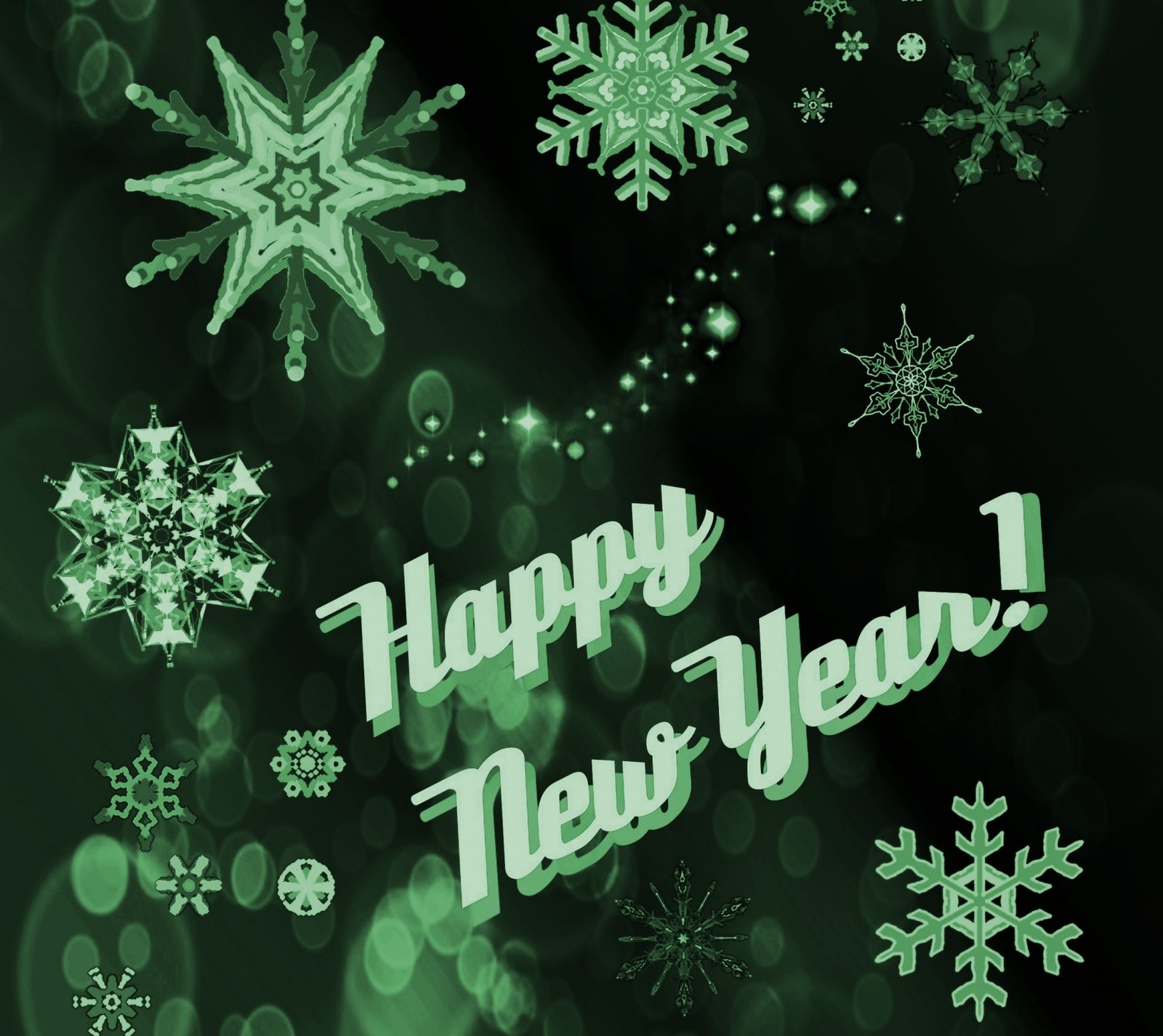 A close up of a green christmas card with snowflakes (2014, happy new year, holiday)