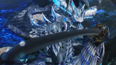 Vergil na forma de Devil Trigger, empunhando uma espada em meio a uma cena de batalha dinâmica e intensa de Devil May Cry 5.