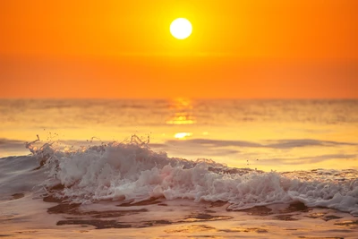 Lever de soleil doré sur les vagues de l'océan