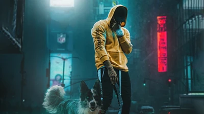 Stylish Human and Great Dane in Urban Neon Setting