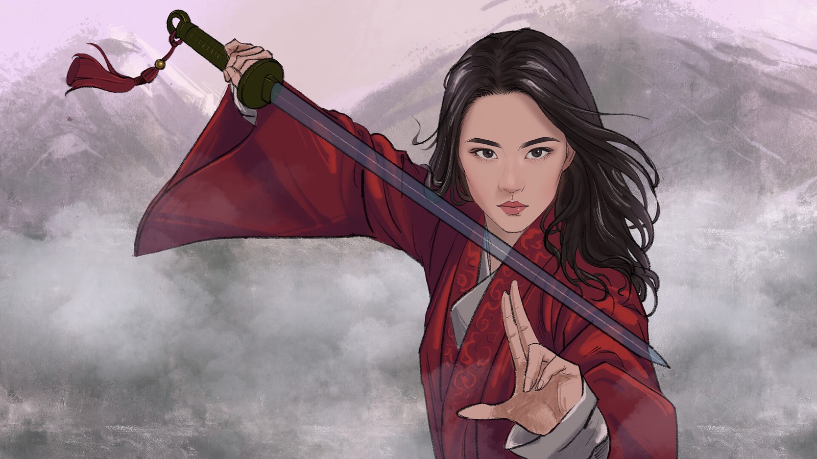 Женщина в красной мантии с мечом перед горой (мулан, mulan, 2020, фильм, искусство)