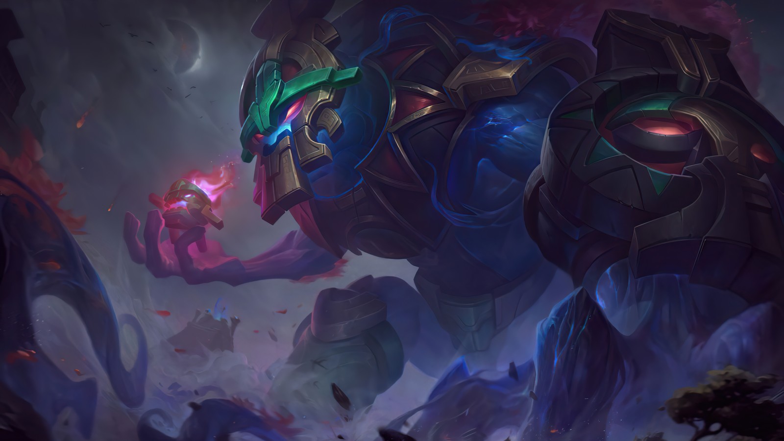 A close up of a giant robot with glowing eyes and a glowing face (worldbreaker, maokai, splash art, skin, league of legends)