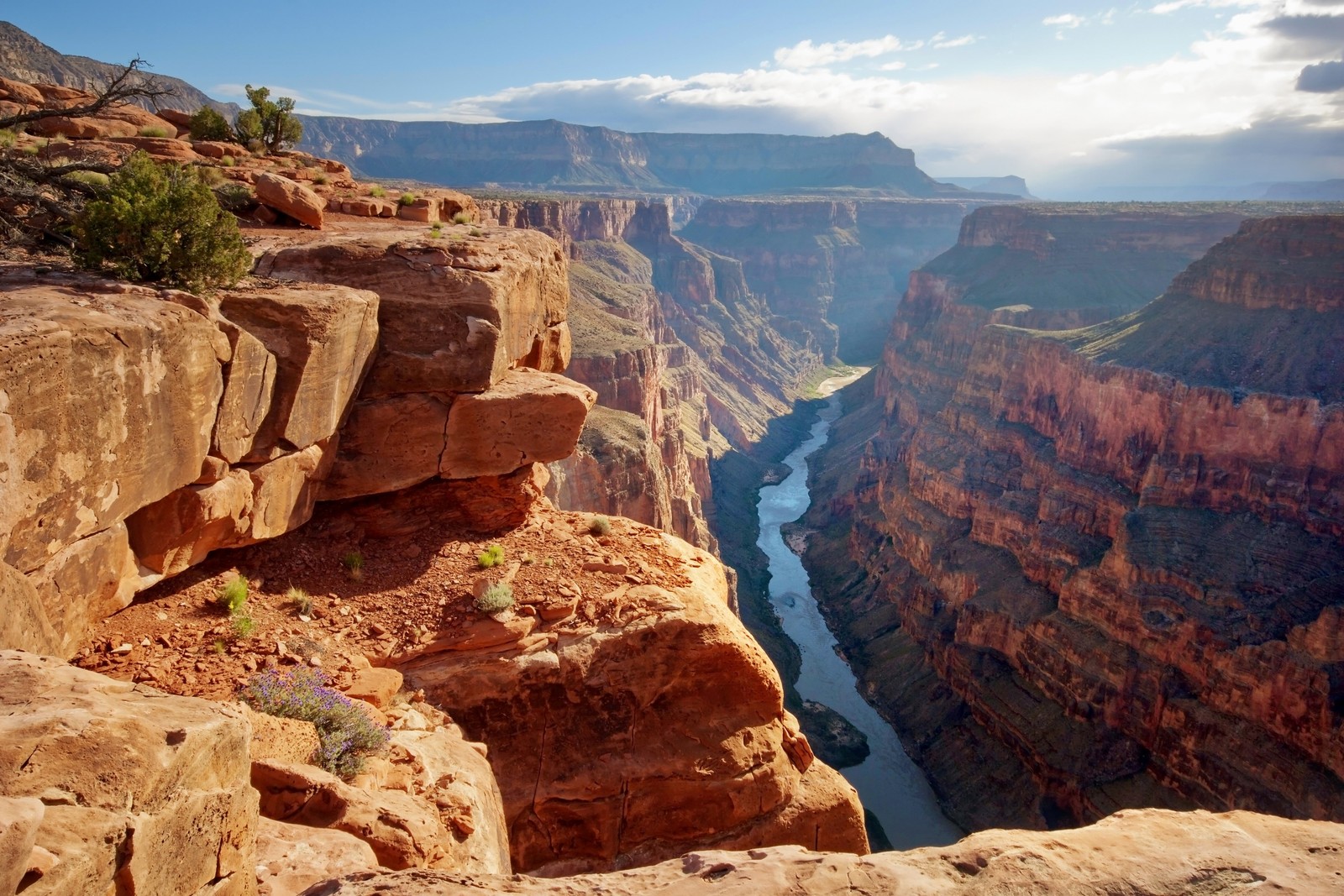 A view of a canyon with a river running through it (colorado river, national park, canyon, park, badlands)