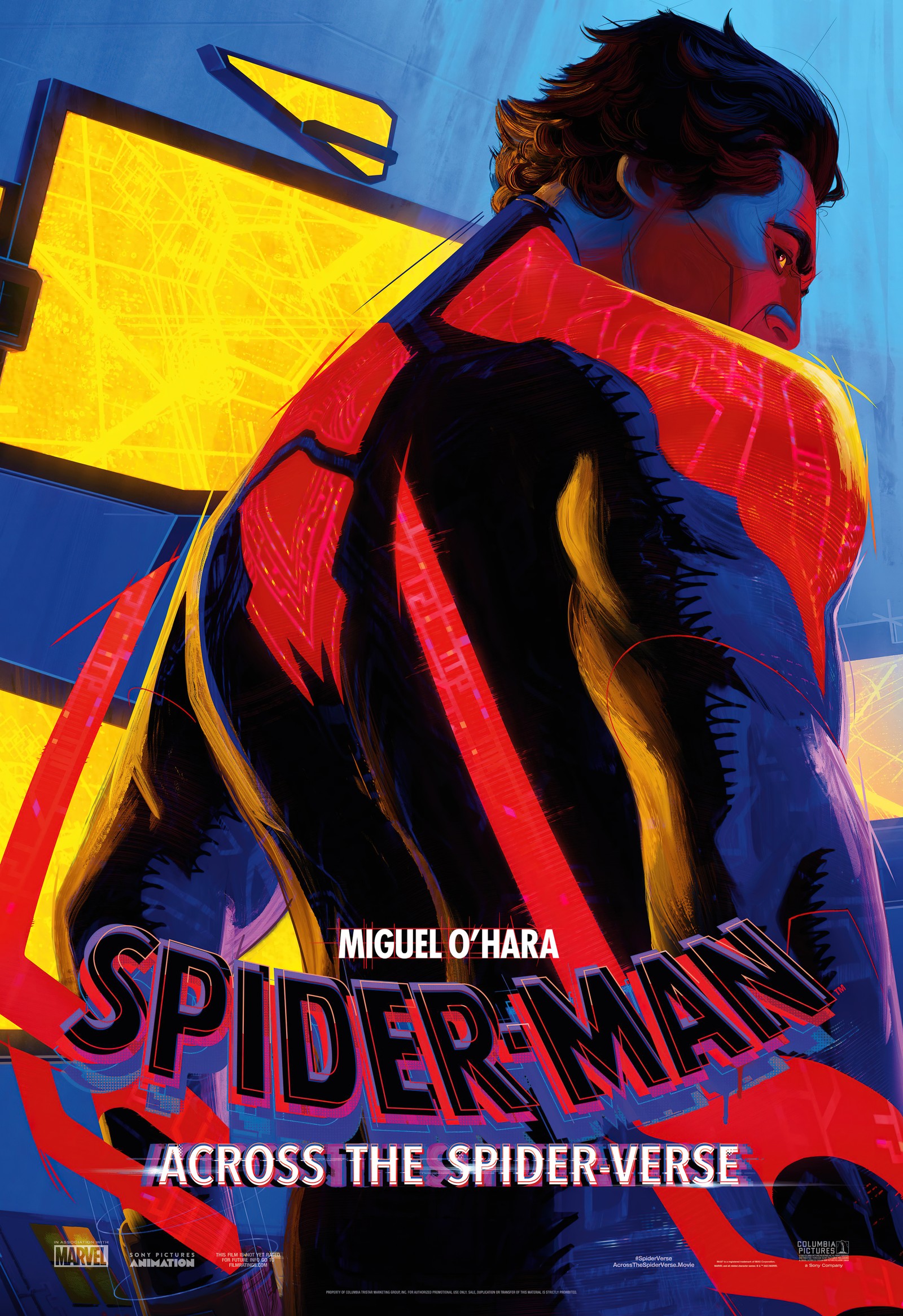 Une affiche d'un homme en costume rouge et noir avec une batte (miguel ohara, spider man 2099, spider man à travers le spider verse, spider man across the spider verse, 5k)