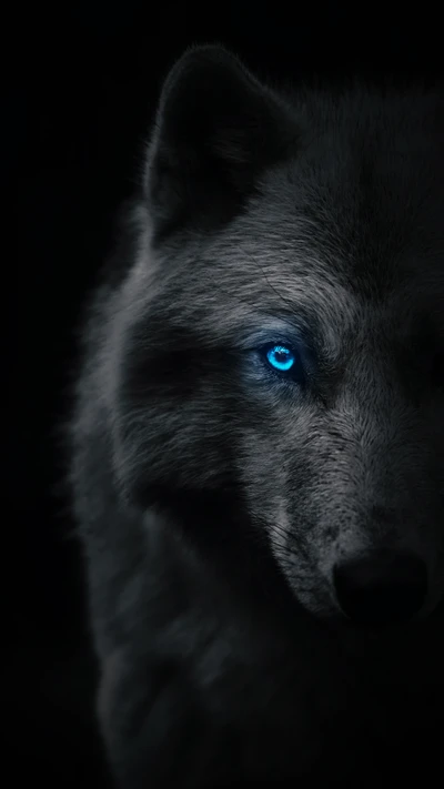 Arctic Wolf with Electric Blue Eyes in Darkness