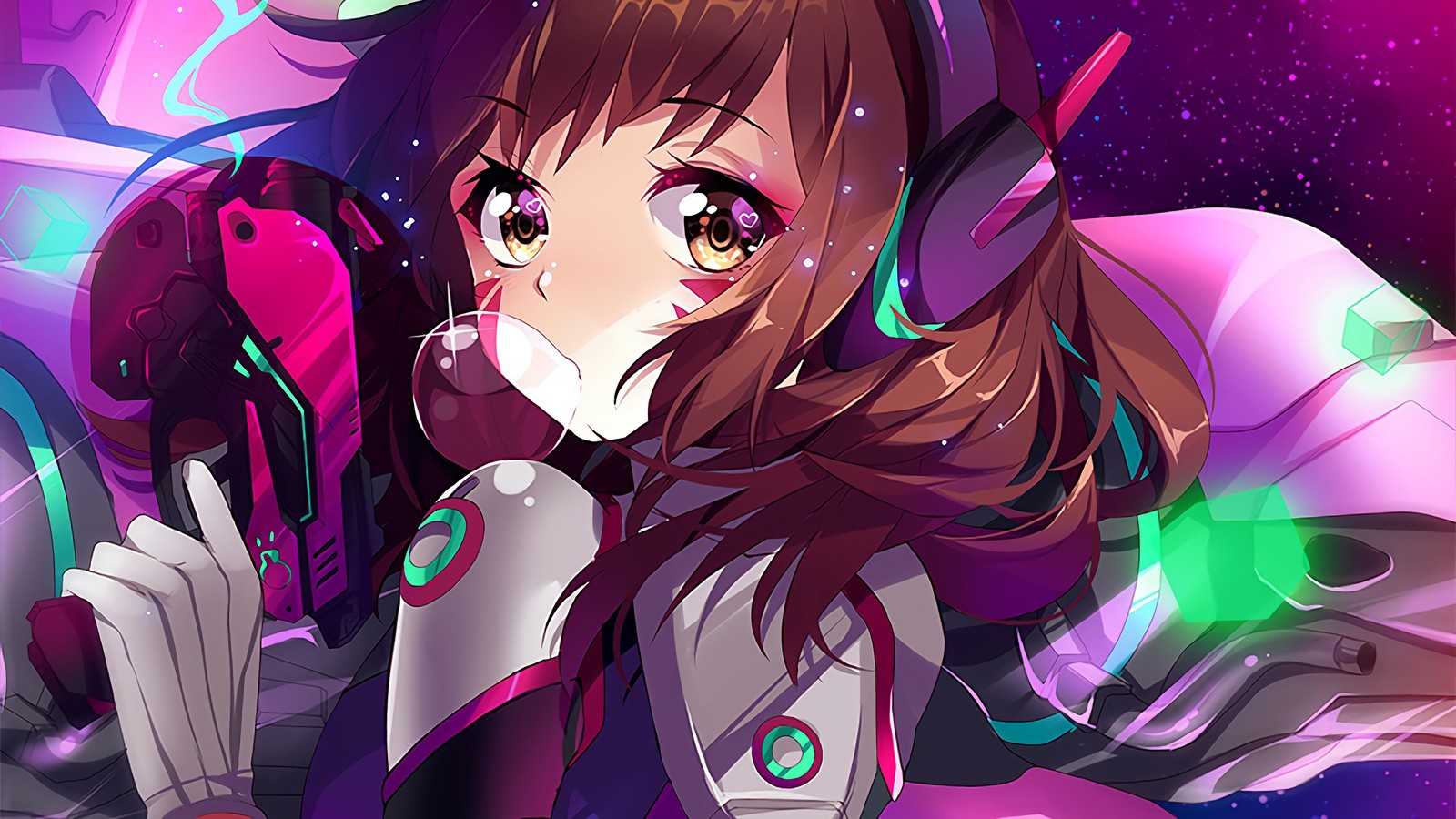 Anime girl with headphones laying on the ground in front of a purple background (dva, overwatch, video game)