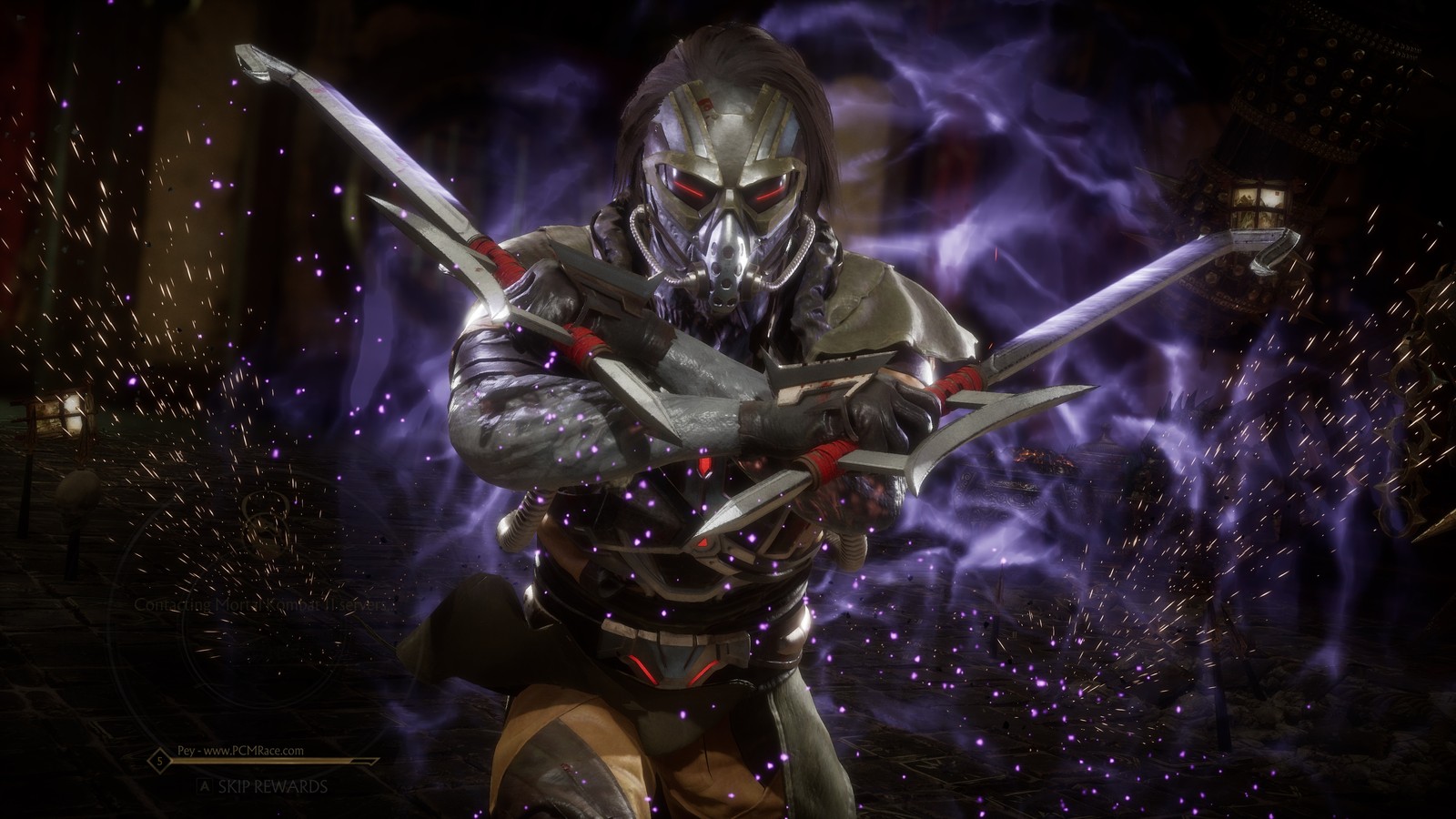 A close up of a person holding two swords in a dark room (kabal, mortal kombat 11, video game)