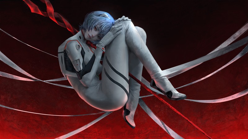 Крупный план человека в белом костюме на красном фоне (рей аямами, rei ayanami, аниме девочки, евангелион, аниме)