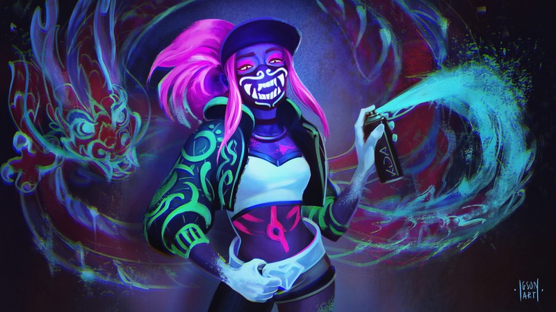 Крупный план человека с неоновым макияжем и шляпой (kda, акали, akali, league of legends, lol)